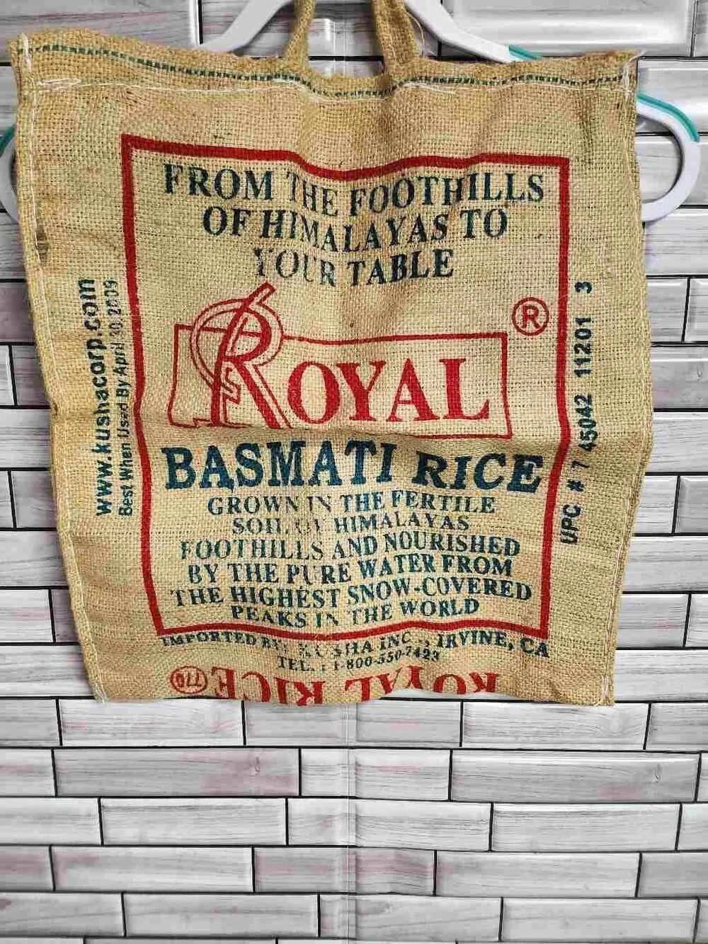 Vintage Style Royal Basmati Rice Burlap Bag, Side Zippered Tote Bags #A62